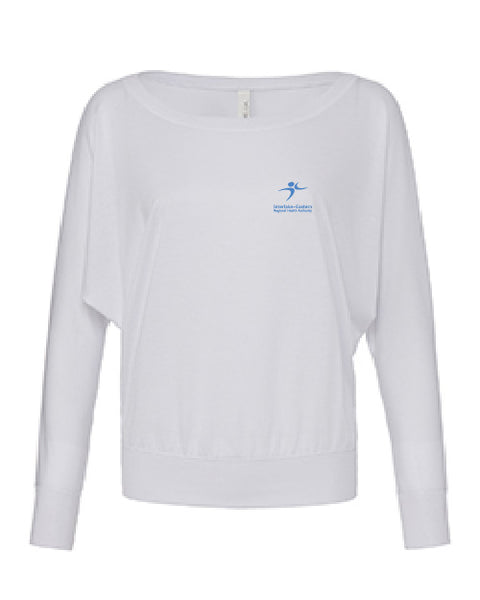 Ladies Flowy T-Shirt: BELLA + CANVAS LONG-SLEEVE OFF SHOULDER T-SHIRT